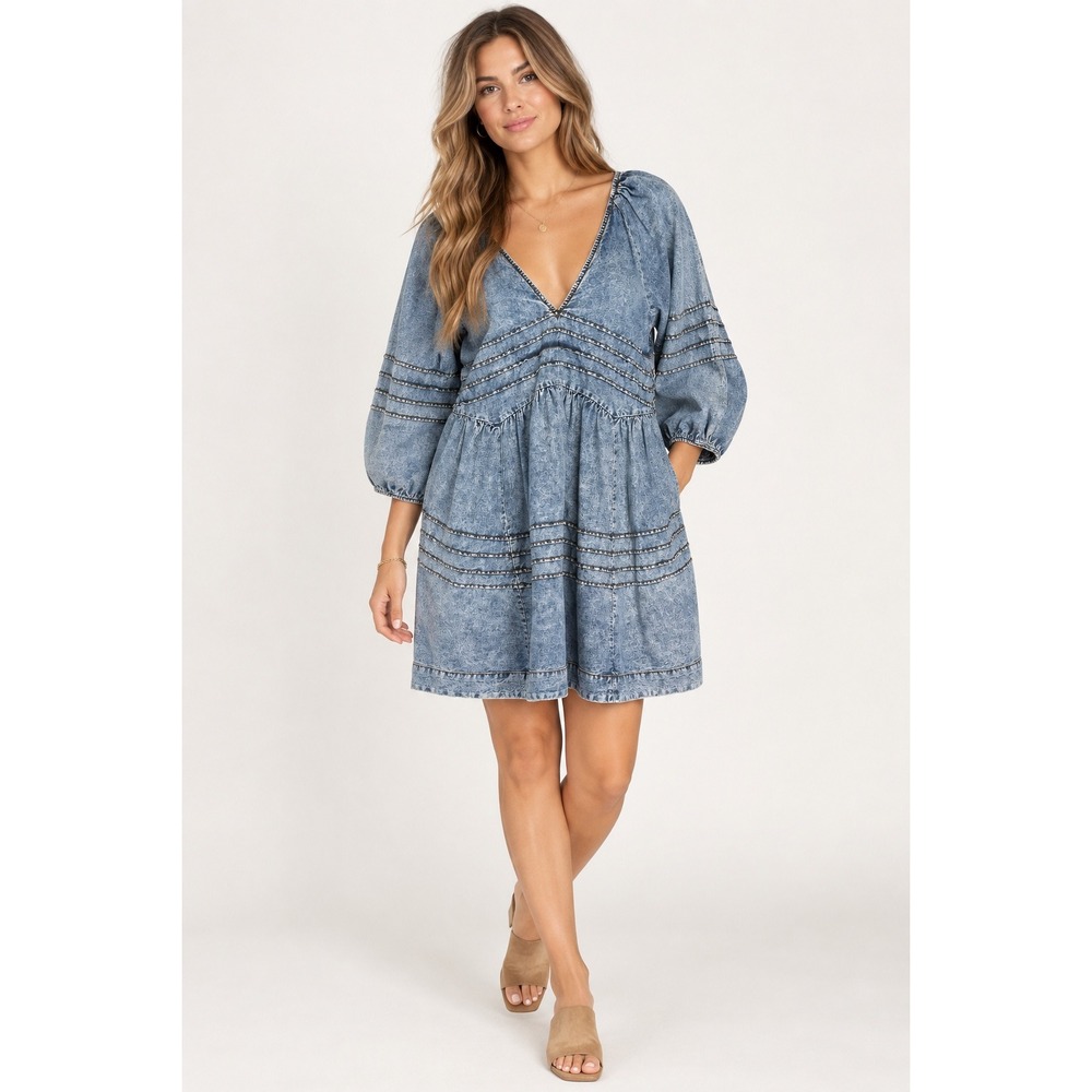 Free People Acid Wash Denim Babydoll Mini Dress Blue Puff Sleeve Open Back S